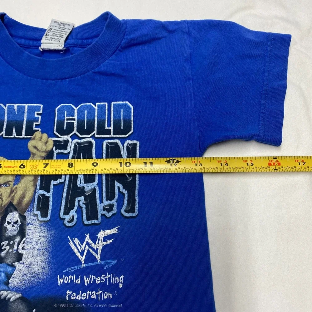 Vintage 1998 WWF Stone Cold Steve Austin Kids T-Shirt Blue Size 4 Mt Tees 90s